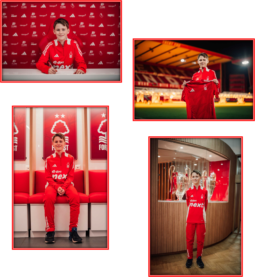 Student signing a contract, sat wearing his football kit, stood in the stadium with his football shirt and stood in front of the trophy cabinet
