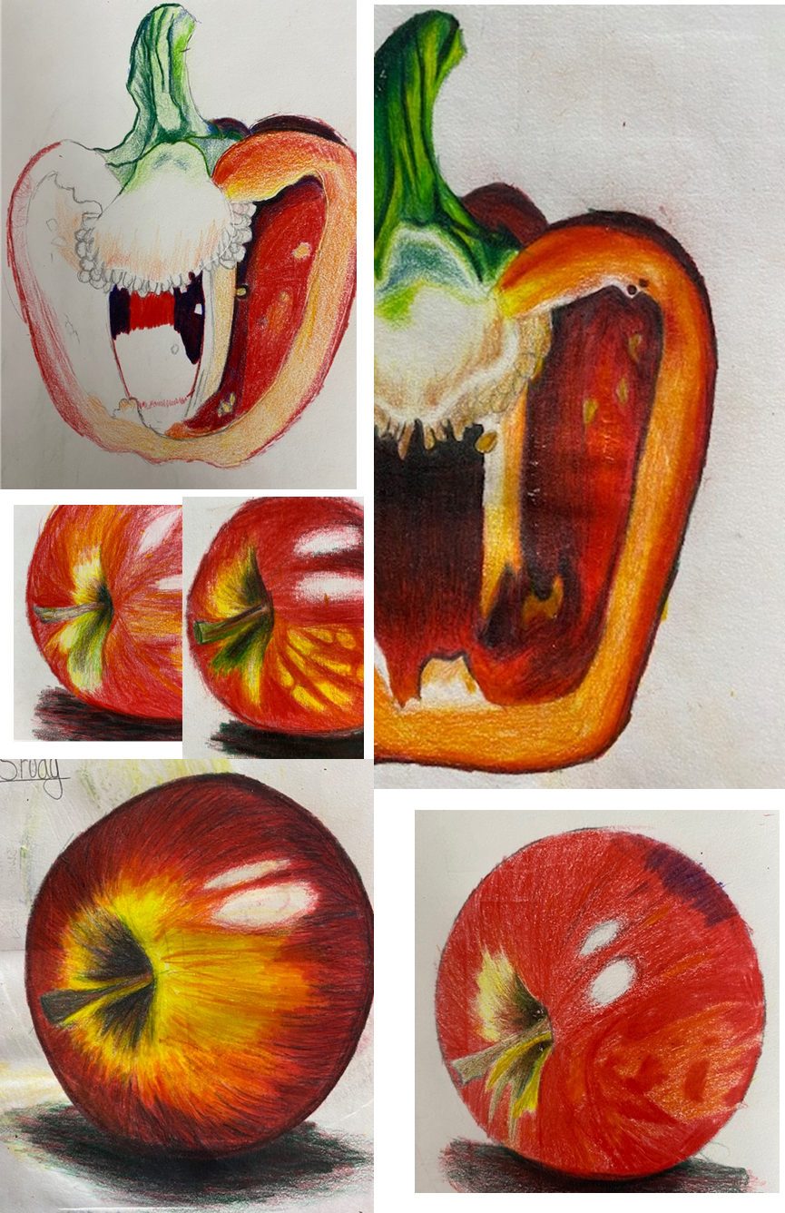 student art work of peppers and apples